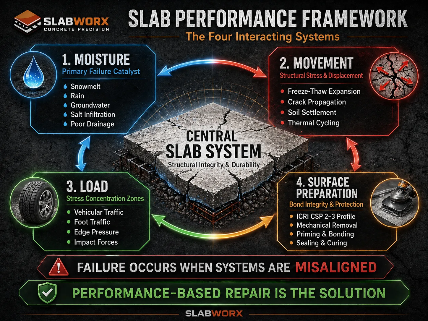 SlabWorx slab performance framework showing moisture, movement, load, and surface preparation as interacting systems.