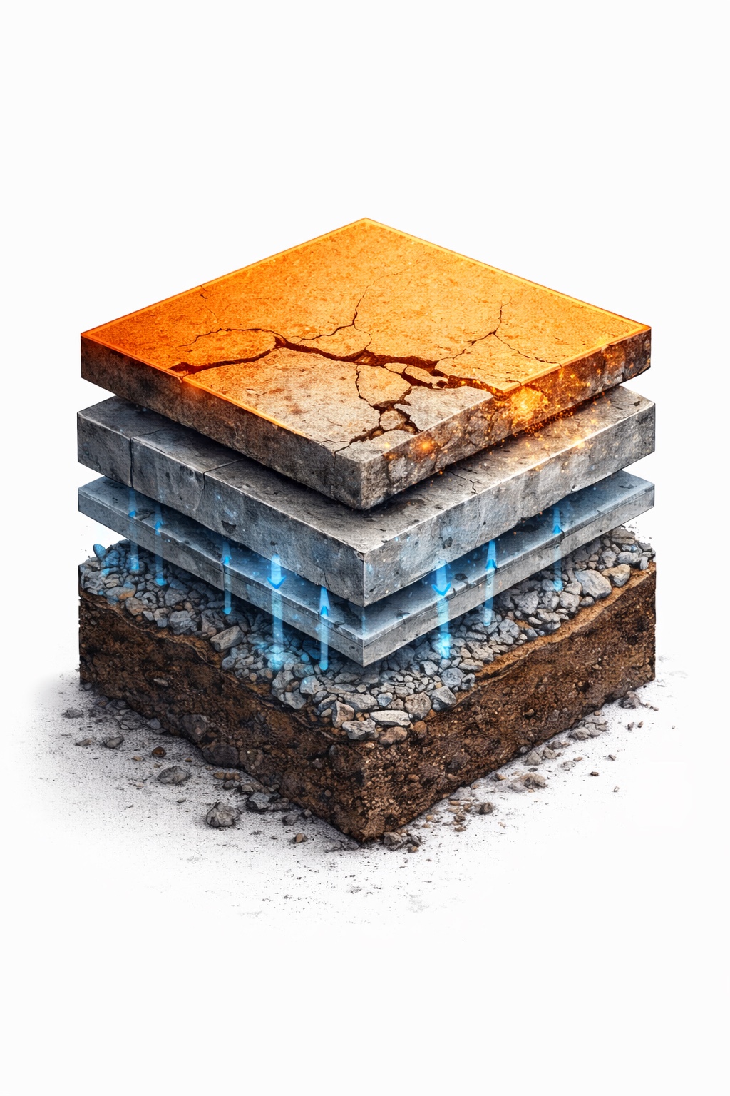 Layered concrete diagnostic model showing moisture movement and slab failure logic